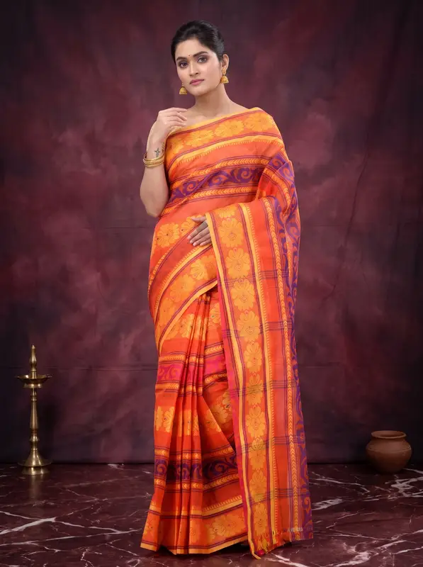 DipDiya Pure Cotton Orange Aditi Desiging Crafted in Bengal Tant Sarees