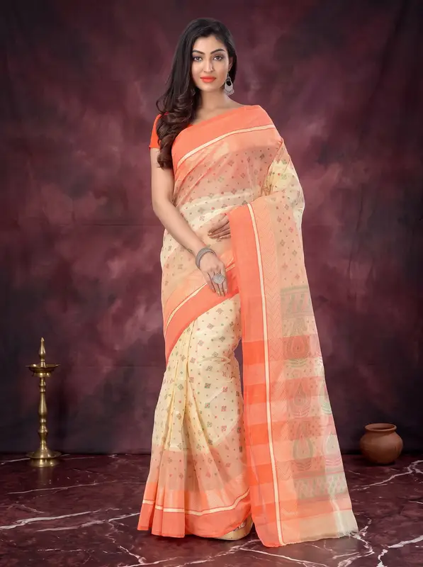 DipDiya Pure Cotton Orange ANARKOLI PRINT Artisan Woven Printed Tant Sarees
