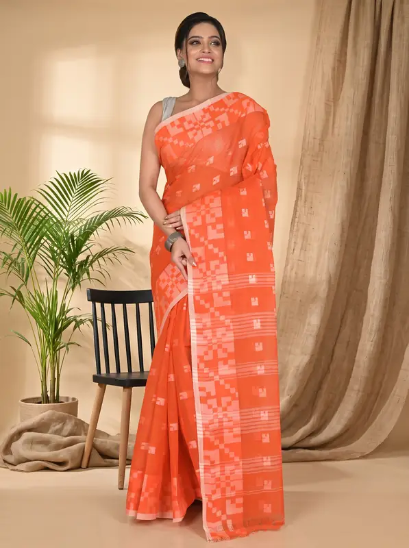 DipDiya Pure Cotton Orange Aptuk Woven with Love Tant Sarees