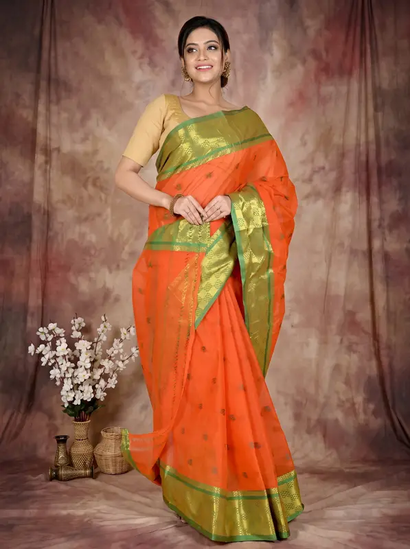 DipDiya Pure Cotton Orange Atula Bengal in Every Thread Tant Sarees