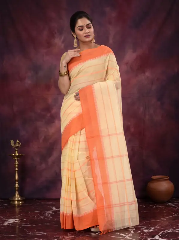 DipDiya Pure Cotton Orange Boysko Classic Bengali Tant Sarees