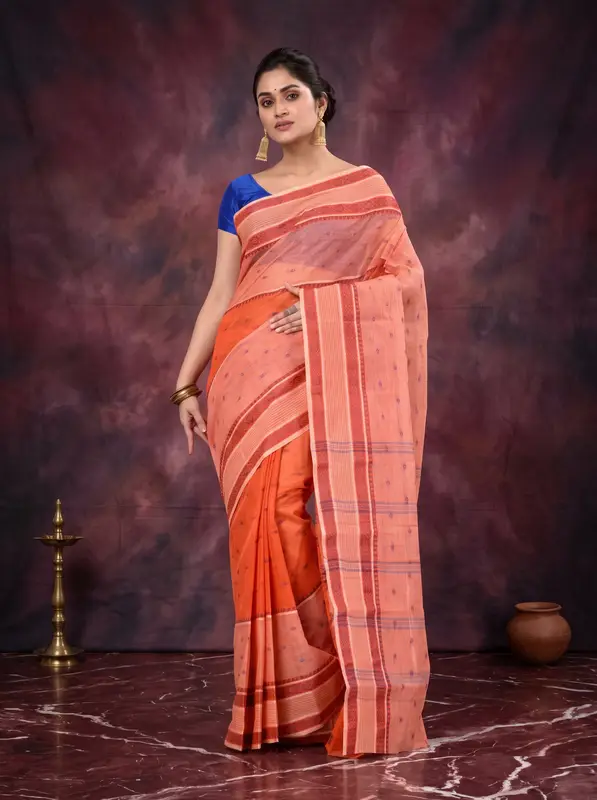 DipDiya Pure Cotton Orange Debdash Weaves with a Story Tant Sarees