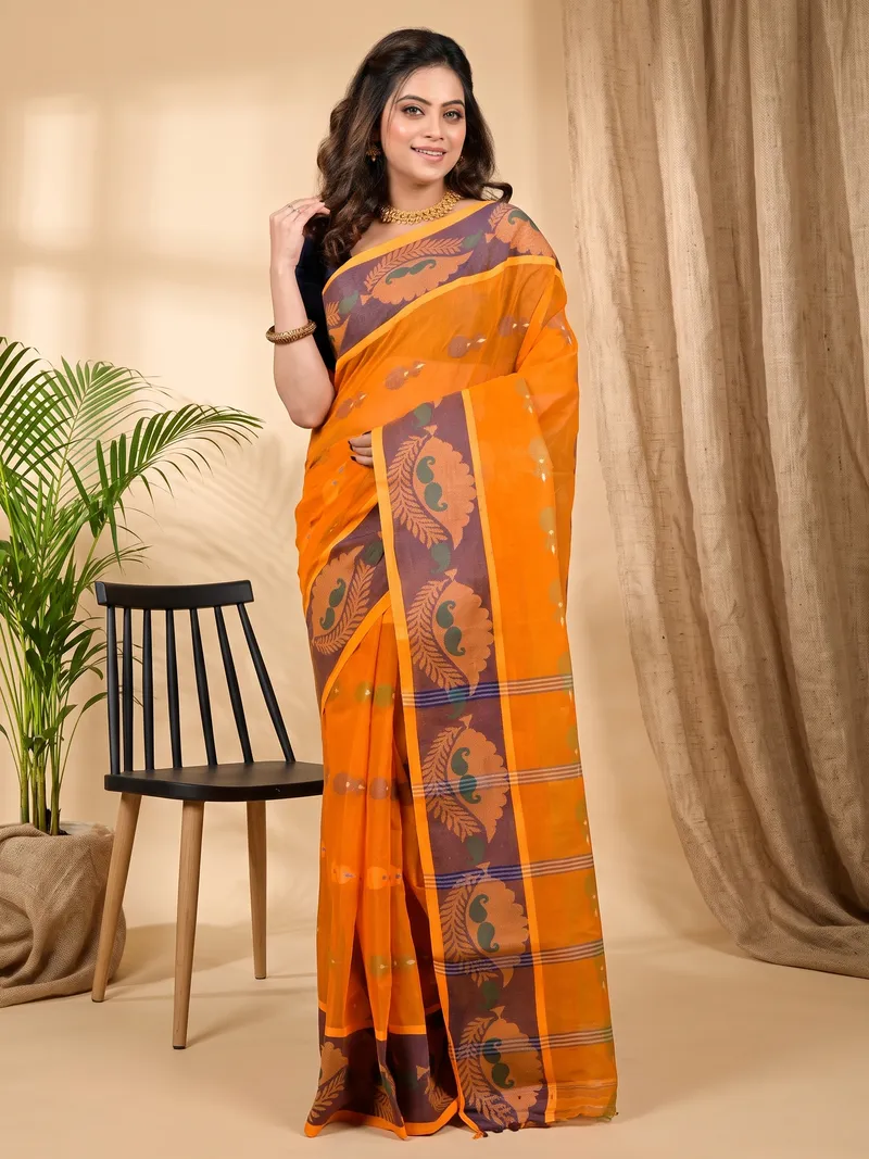 DipDiya Pure Cotton Orange Debui Crafted with Soul Tant Sarees