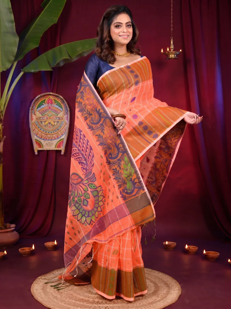 DipDiya Pure Cotton Orange Dhrubi Woven with Love Jamdani Sarees