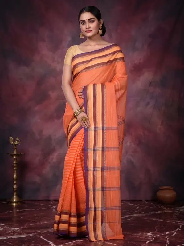 DipDiya Pure Cotton Orange Diamond Tant Heritage of Bengal Tant Sarees