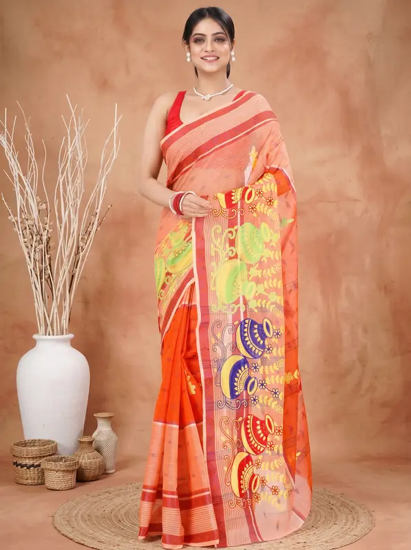 DipDiya Pure Cotton Orange Embi Debdash Ghot Weaves with a Story Embroidery Tant Sarees