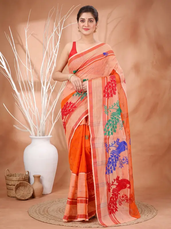 DipDiya Pure Cotton Orange Embi Debdash Moyur Traditional Bengali Embroidery Tant Sarees