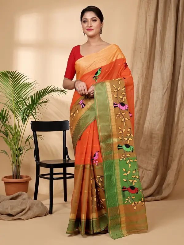 DipDiya Pure Cotton Orange Embi Ganga Chari Wrapped in Heritage Embroidery Tant Sarees