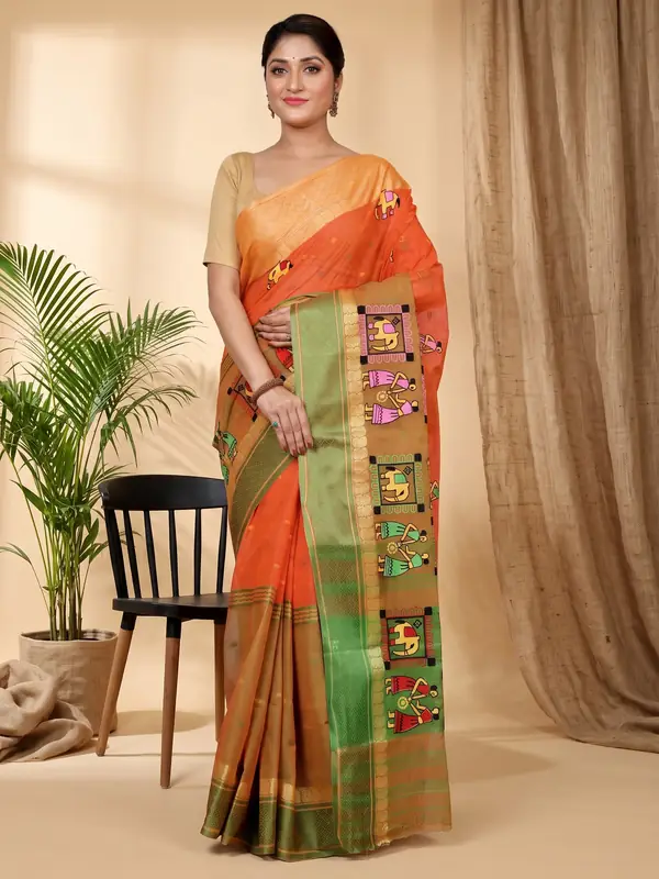 DipDiya Pure Cotton Orange Embi Ganga Gajo Artisan Crafted Embroidery Tant Sarees