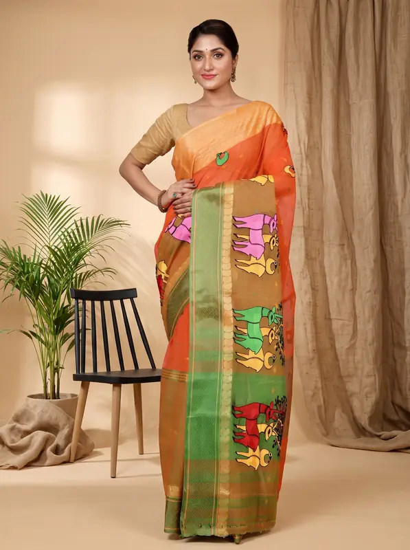 DipDiya Pure Cotton Orange Embi Ganga Indra Traditional Elegance Embroidery Tant Sarees