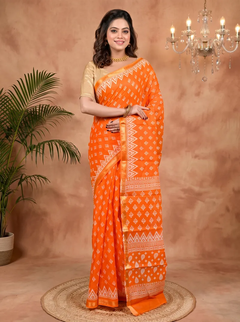 DipDiya Pure Cotton Orange Febasi Artisan Crafted Batik Print Sarees