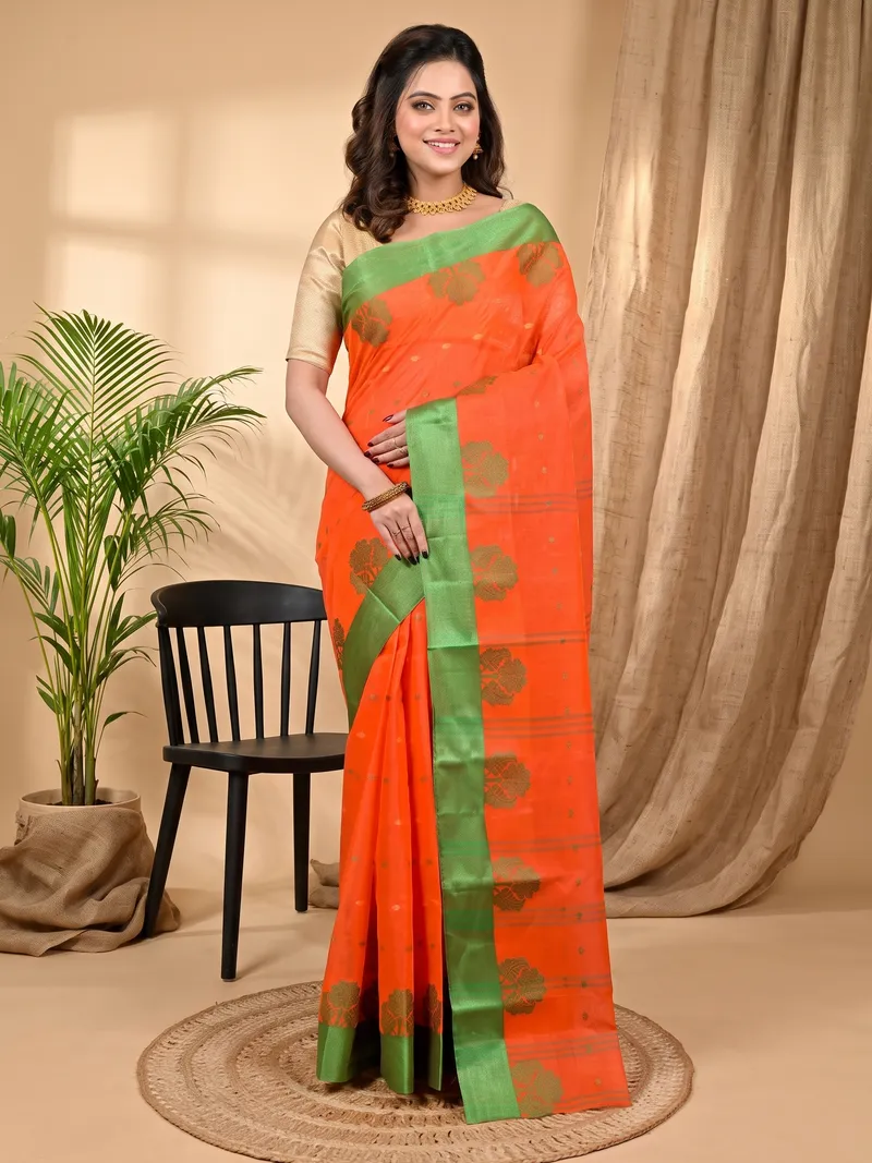 DipDiya Pure Cotton Orange Green Fipani Woven with Tradition Tant Sarees