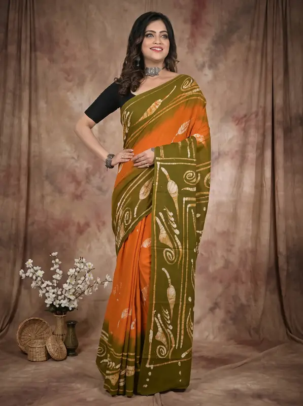 DipDiya Pure Cotton Orange Green Pihu Pure Bengali Grace Batik Print Sarees