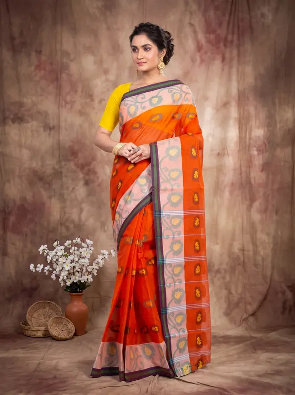 DipDiya Pure Cotton Orange HapChaka Classic Bengali Tant Sarees