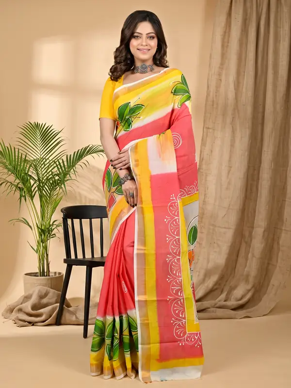 DipDiya Pure Cotton Orange Hataka Woven with Loves Hand Painted Sarees