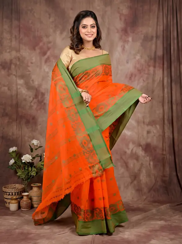 DipDiya Pure Cotton Orange Heruka Masterfully Woven Tant Sarees