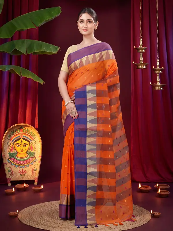 DipDiya Pure Cotton Orange Jamuna Heritage of Bengal Tant Sarees