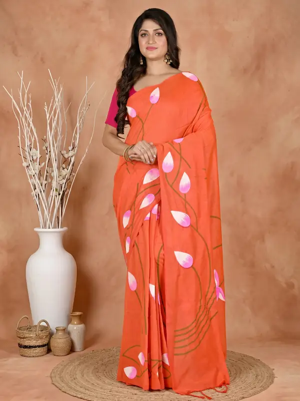 DipDiya Pure Cotton Orange Kamal Heritage You Can Wear Hand Painted Sarees