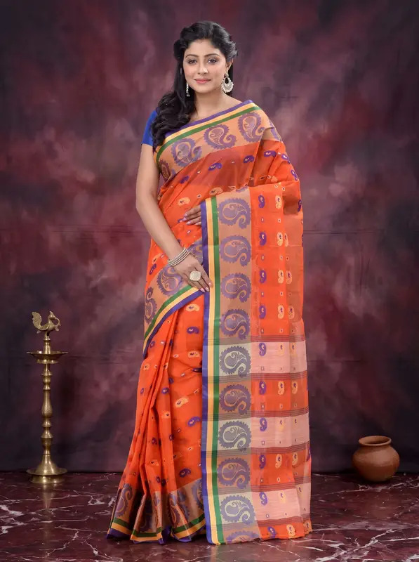 DipDiya Pure Cotton Orange Kanak Chur Classic Grace Tant Sarees