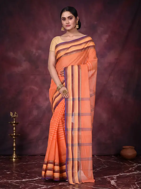 DipDiya Pure Cotton Orange Khajur Churi Strip Loom to Love Tant Sarees