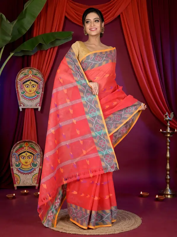 DipDiya Pure Cotton Orange Komtai Bengali Heritage Tant Sarees