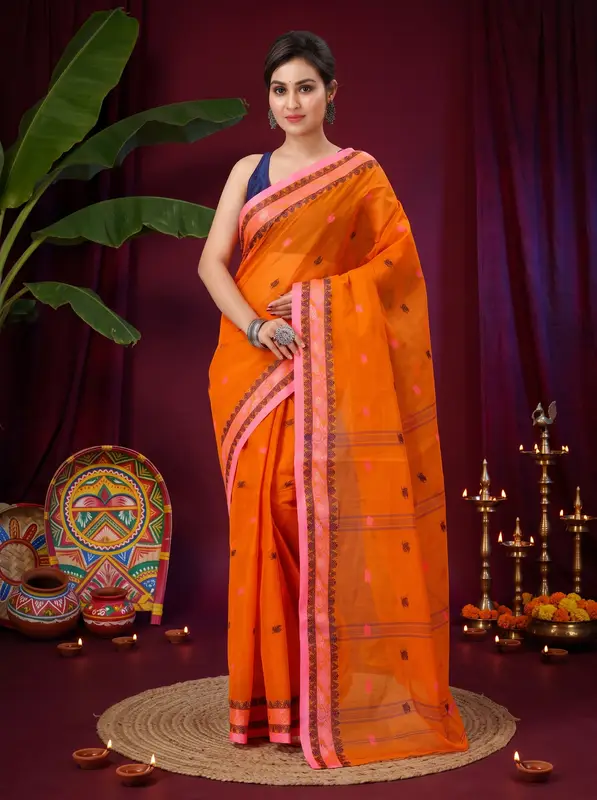 DipDiya Pure Cotton Orange Leron Rooted in Bengal Tant Sarees