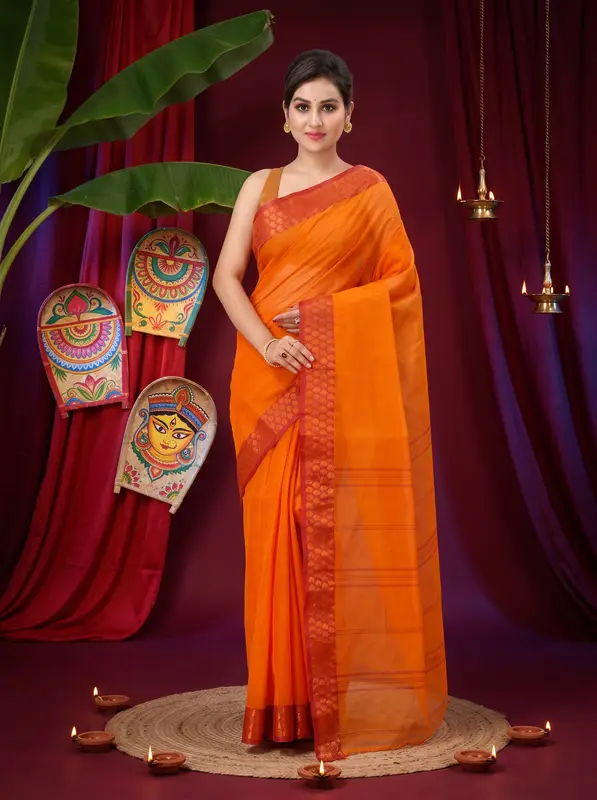 DipDiya Pure Cotton Orange Lilan Heritage of Bengal Tant Sarees