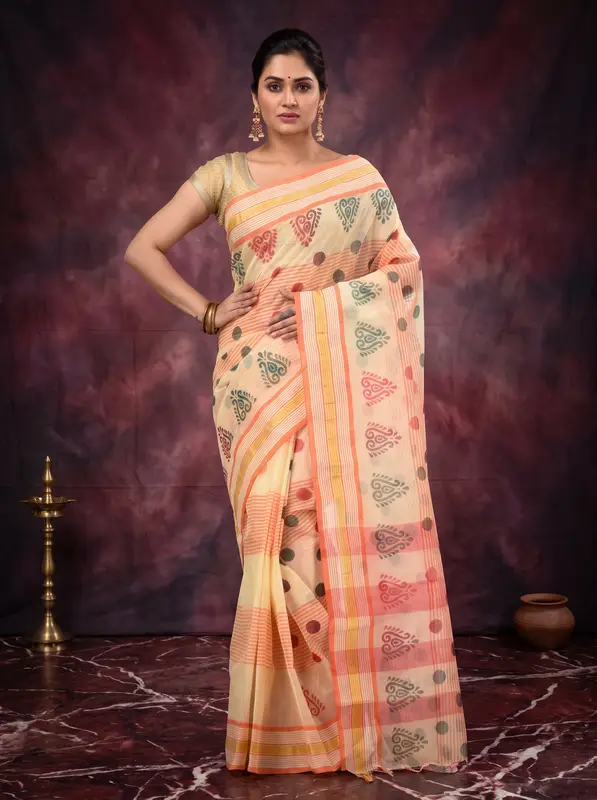 DipDiya Pure Cotton Orange Matha Saree Handloom Heritage Printed Tant Sarees