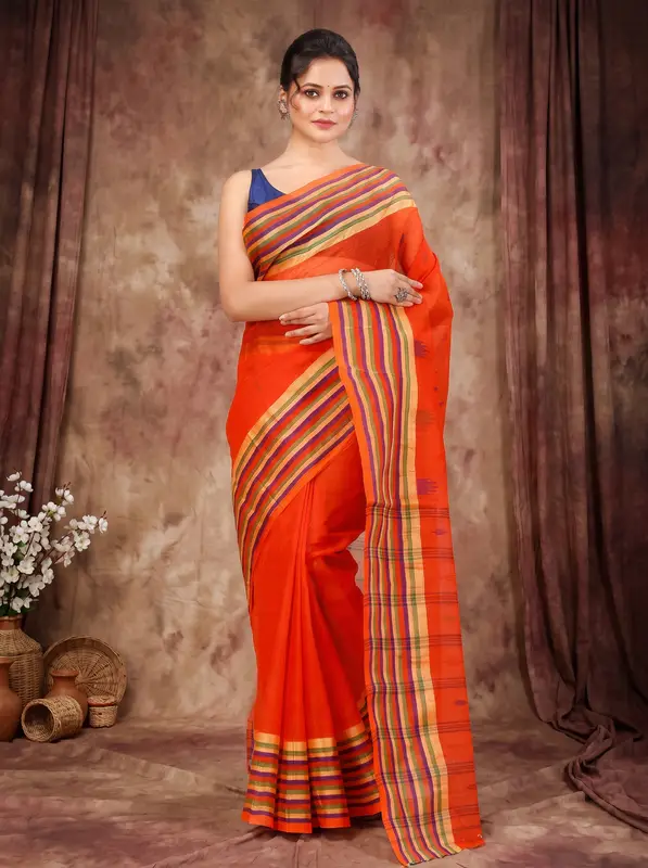 DipDiya Pure Cotton Orange mena Artisan Woven Tant Sarees