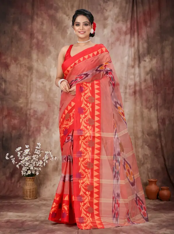 DipDiya Pure Cotton Orange Mili Loom to Love Tant Sarees