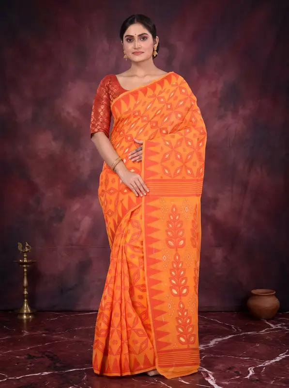DipDiya Pure Cotton Orange Minakari Jmdni Woven with Love Jamdani Sarees