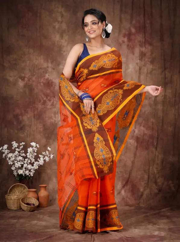 DipDiya Pure Cotton Orange Mitul Timeless Bengal Tant Sarees