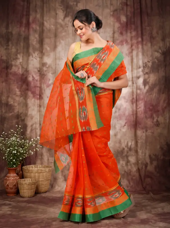 DipDiya Pure Cotton Orange Moli Essence of Bengal Tant Sarees