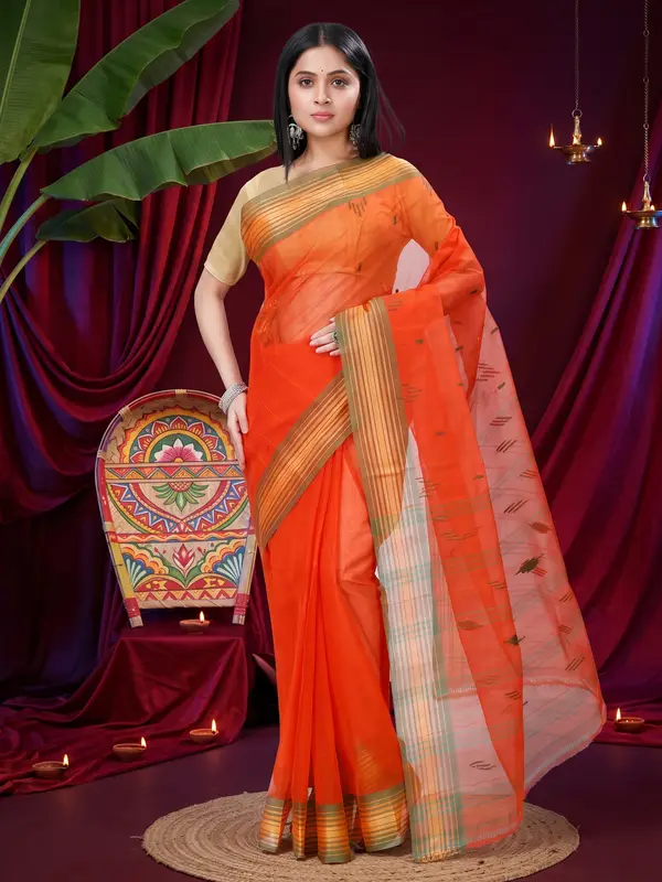 DipDiya Pure Cotton Orange Naman Threads of Tradition Tant Sarees