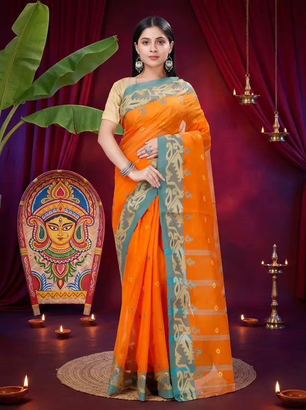 DipDiya Pure Cotton Orange Nripa Crafted by Artisans Tant Sarees