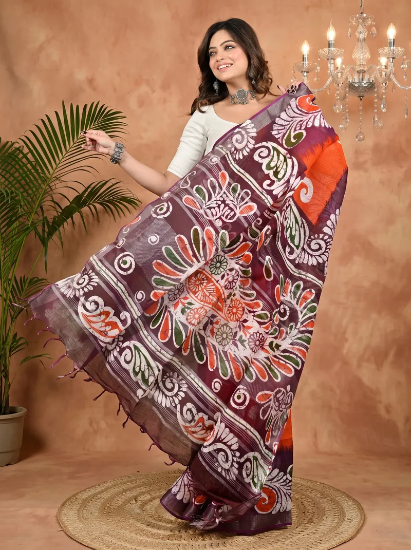 DipDiya Pure Cotton Orange Purpel Dinesi Elegance in Every Weave Batik Print Sarees