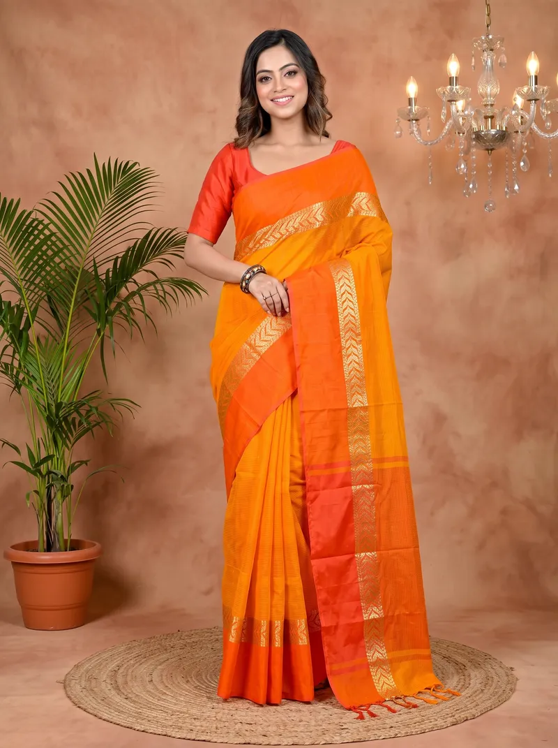 DipDiya Pure Cotton Orange Red Parvin Woven with Love Tant Sarees