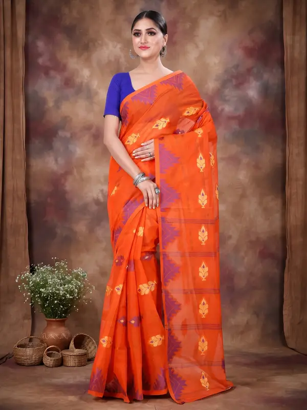 DipDiya Pure Cotton Orange Sidra Effortless Tradition Tant Sarees