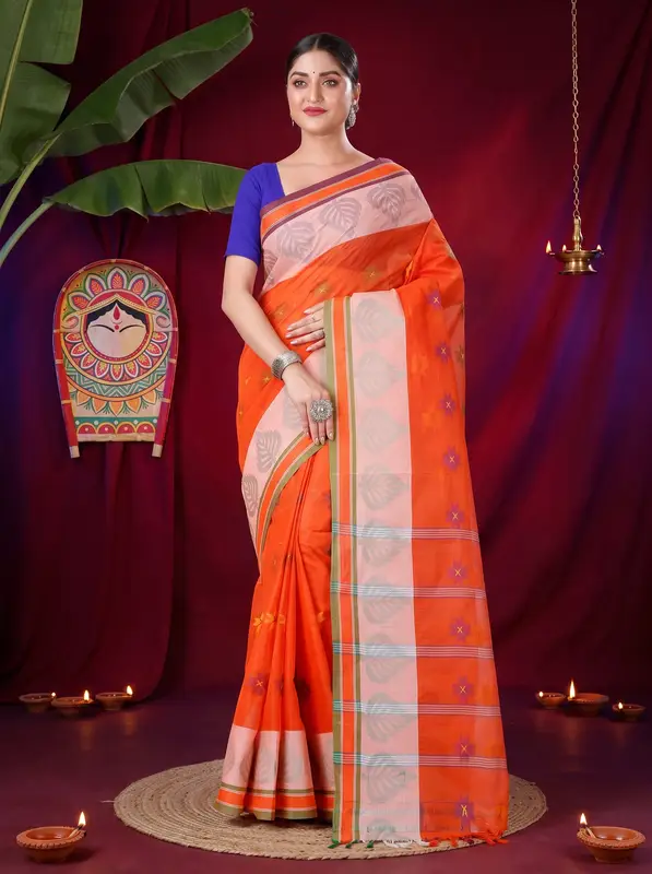 DipDiya Pure Cotton Orange Subhangi Traditional Bengali Tant Sarees