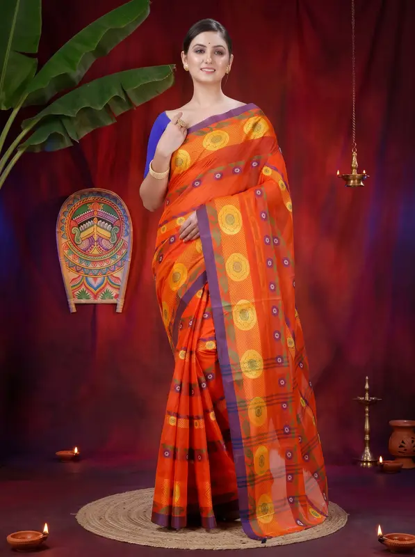DipDiya Pure Cotton Orange Uttara Artisan Woven Tant Sarees