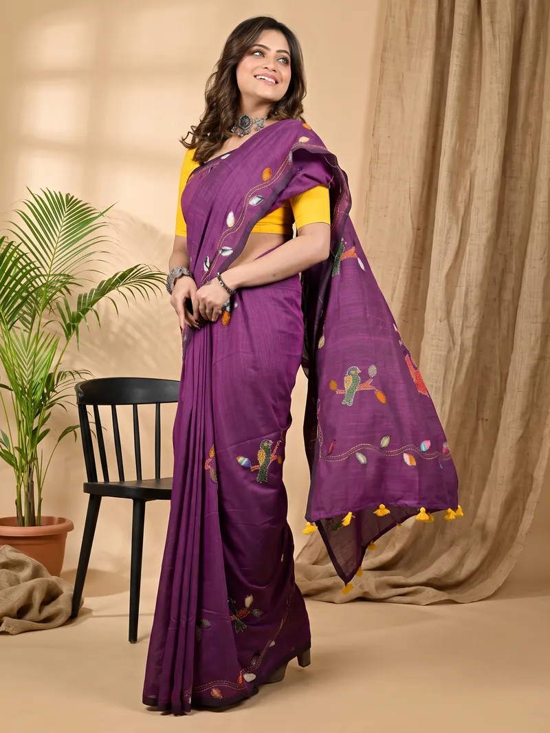 DipDiya Pure Cotton Orchid Purple Pakhi Heritage Elegance Kantha Stitch Sarees