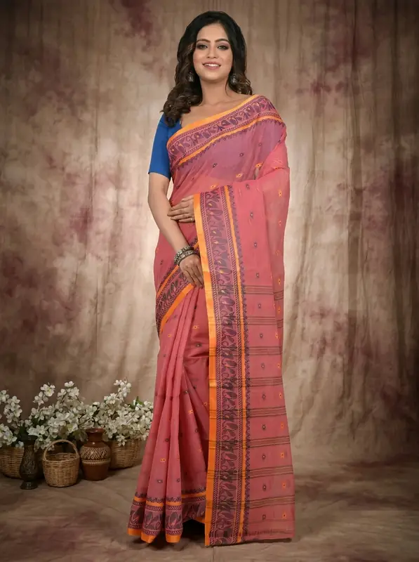 DipDiya Pure Cotton Peach Achlin Classic Grace Tant Sarees