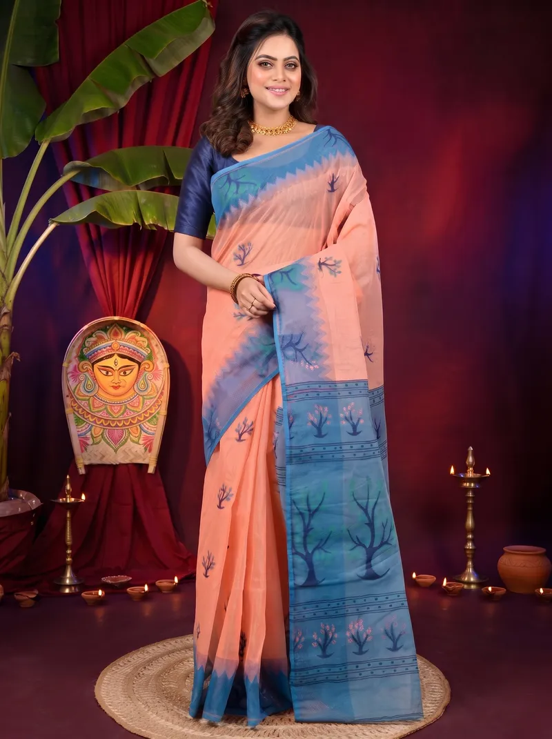 DipDiya Pure Cotton Peach Blue Fevai Heritage Elegance Jamdani Sarees