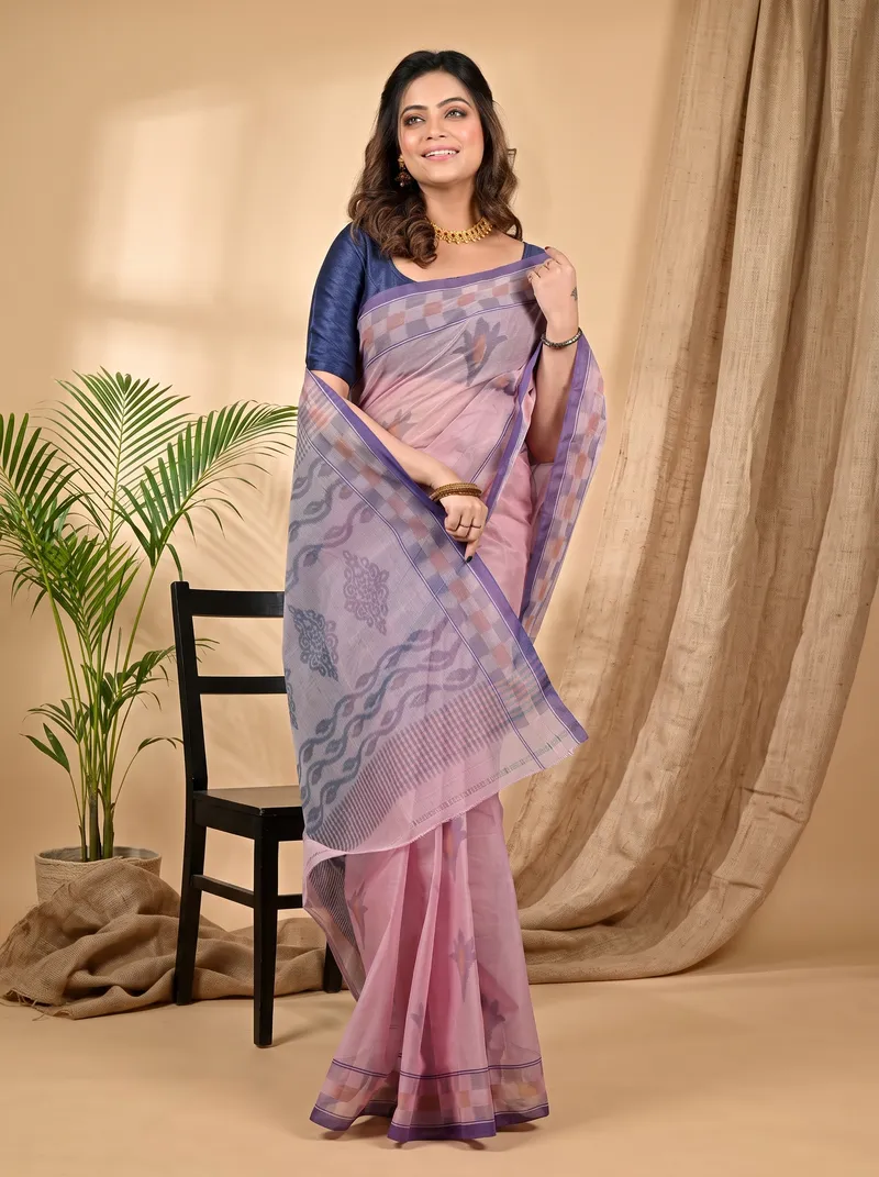 DipDiya Pure Cotton Peach Devai Heritage Elegance Printed Tant Sarees