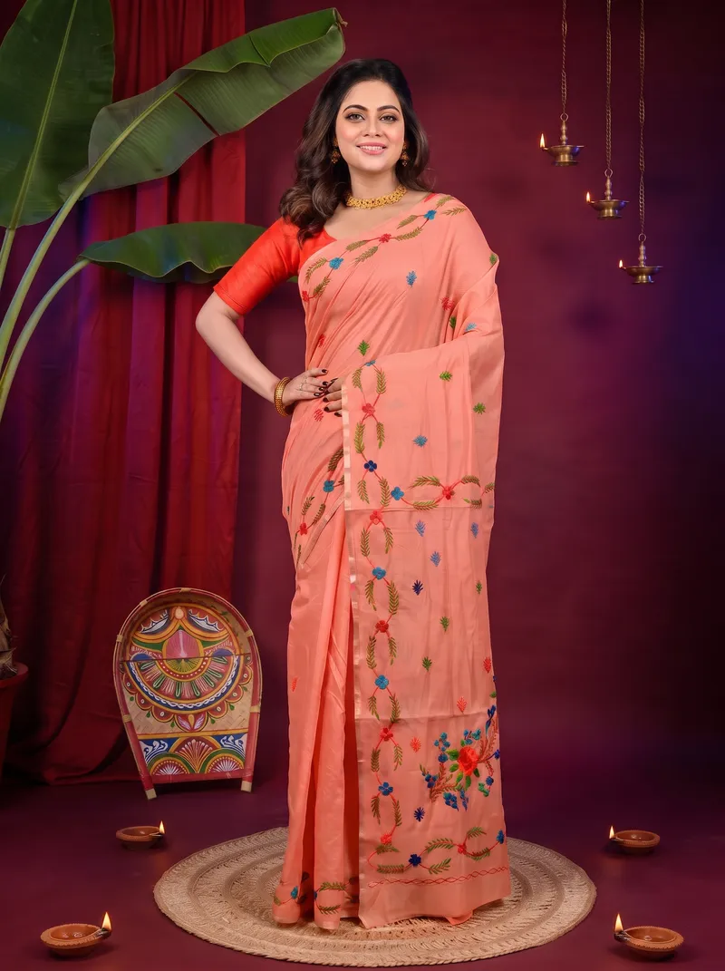 DipDiya Pure Cotton Peach Devui Regal Bengali Kantha Stitch Sarees