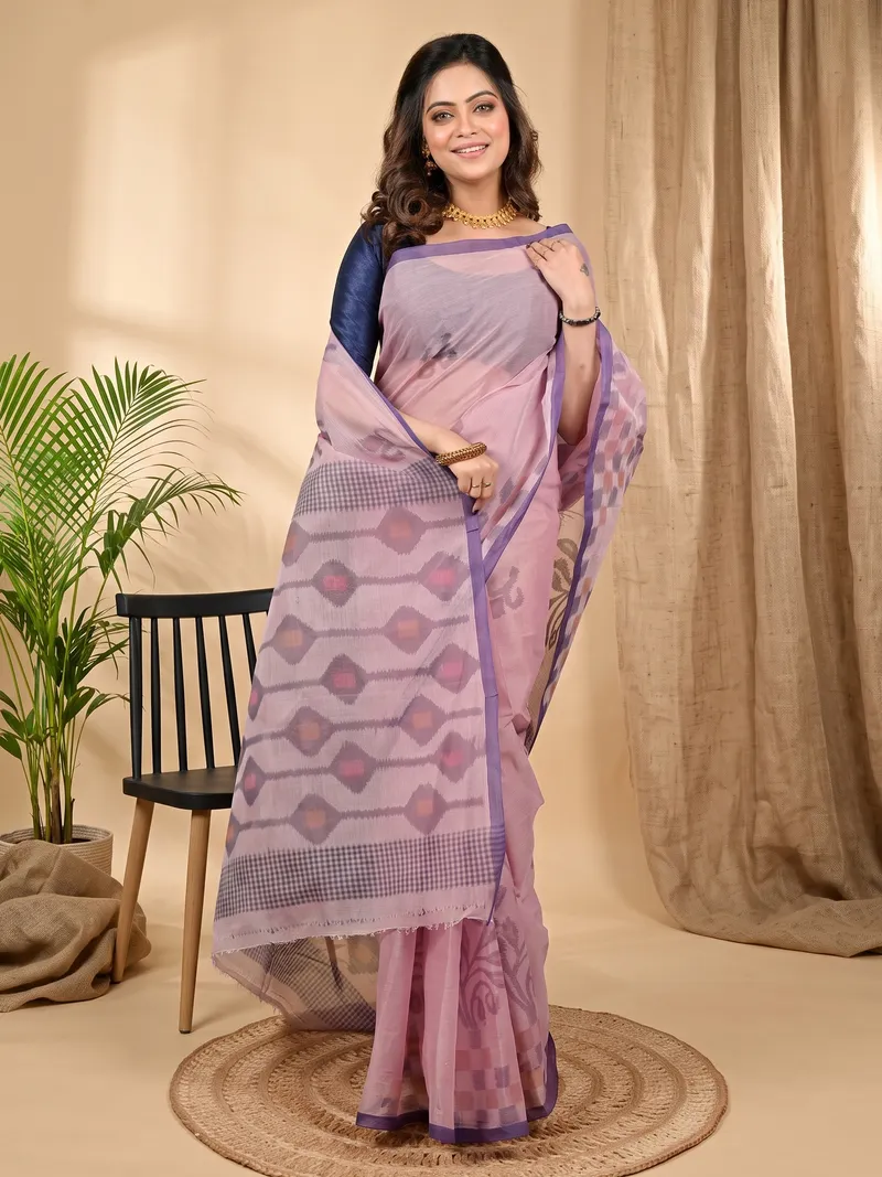 DipDiya Pure Cotton Peach Dipui The Bengali Classic Printed Tant Sarees