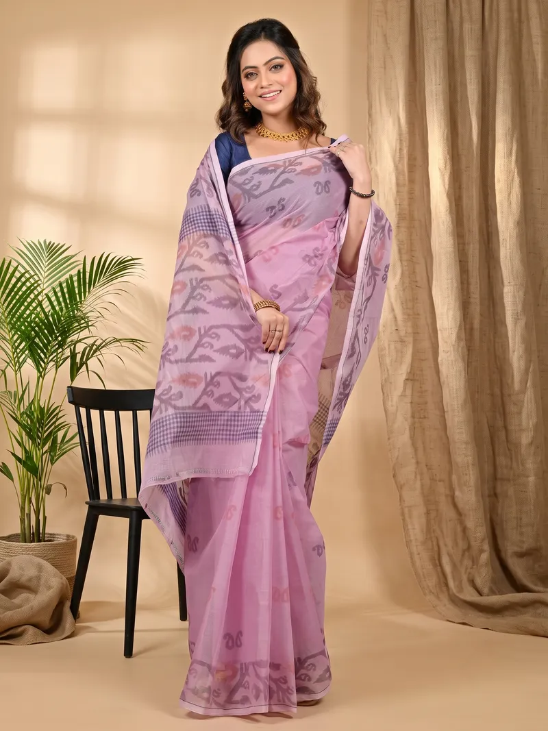DipDiya Pure Cotton Peach Divani Woven with Tradition Printed Tant Sarees