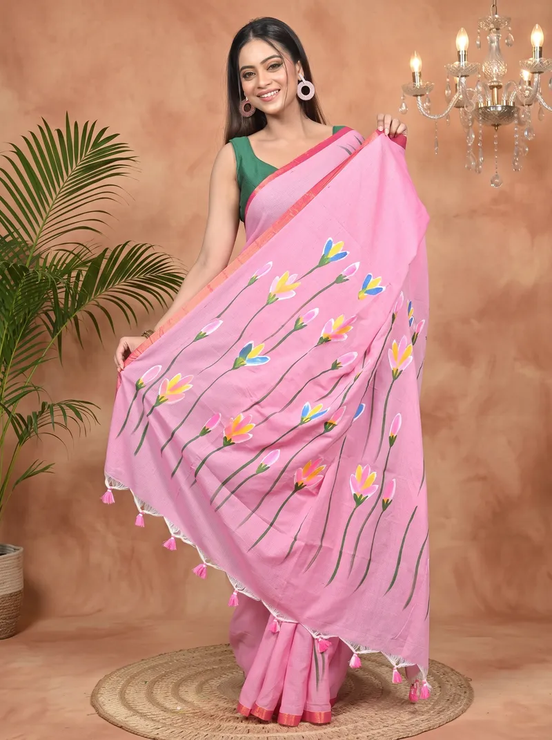 DipDiya Pure Cotton Peach Norah Crafted in Bengal Hand Painted Sarees