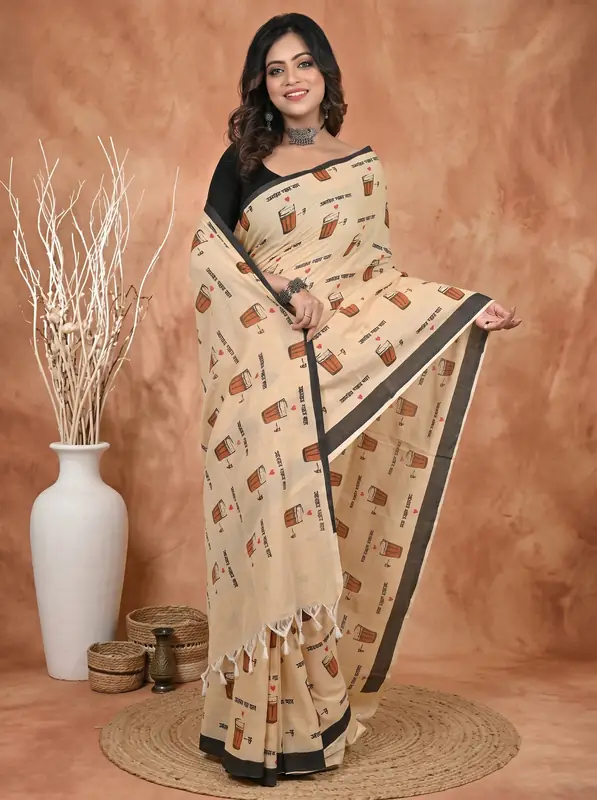DipDiya Pure Cotton Peach Pinal Grace of Bengal Printed Handloom Sarees