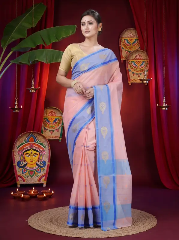 DipDiya Pure Cotton Peach Upala Pure Bengali Grace Tant Sarees